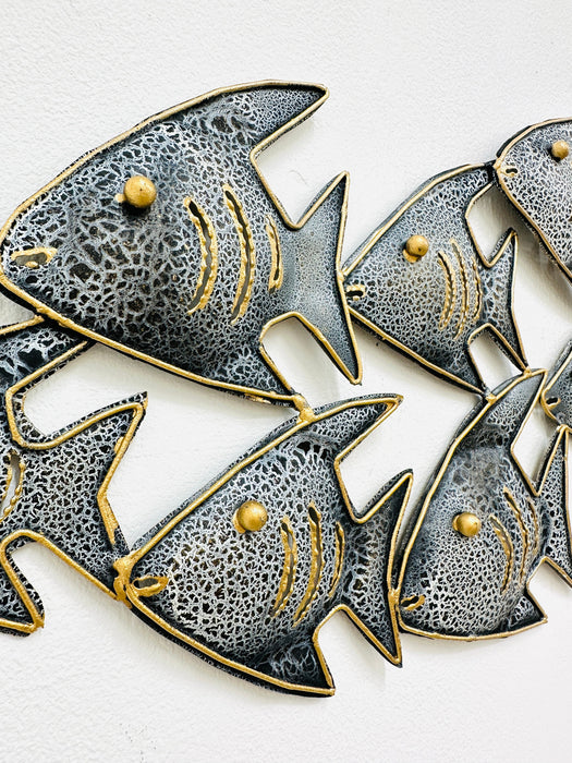Close-up of recycled metal Angel Fish showing crackle paint texture and gold detailing.