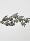 Hand-painted crackle effect Angel Fish shoal wall art made from recycled metal, front view.