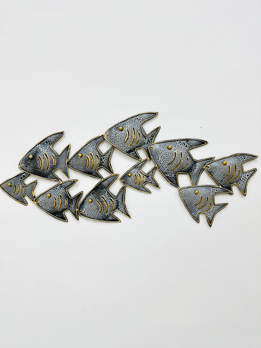 Hand-painted crackle effect Angel Fish shoal wall art made from recycled metal, front view.