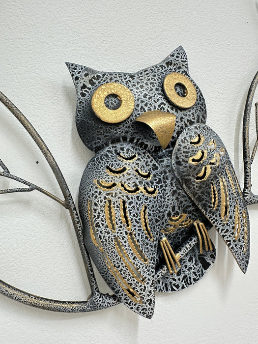 Close-up of one owl from the crackle-effect metal owl trio showing gold hand-painted details.