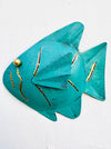Turquoise crackle-effect handmade metal fish wall decoration with gold detailing