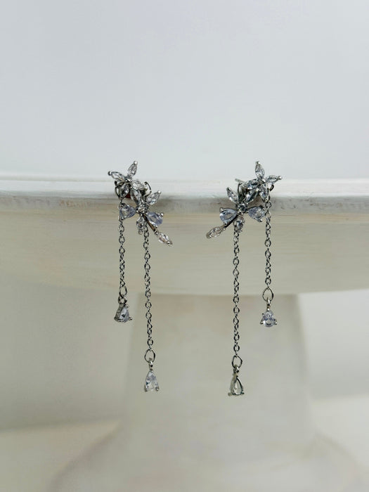 Floral crystal rhinestone earrings with long silver chain dangles