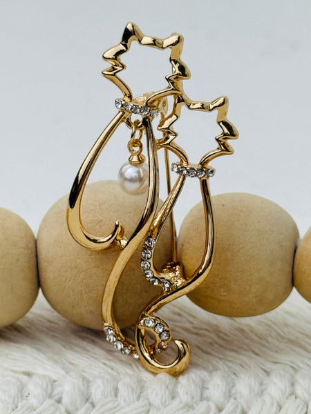 gold crystal double cat brooch with pearl charm
