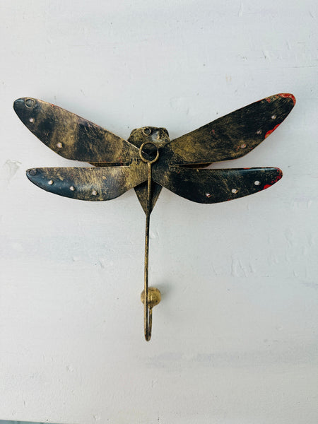 Back view of handmade red dragonfly wall hook.