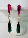 Elegant 7 cm long drop earrings with purple, clear crystal and emerald green teardrop in gold-tone finish.