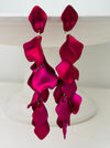 12 cm long statement drop earrings with cascading matte fuchsia acrylic petals and gold-tone metal accents.