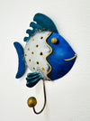 Side view of handmade blue fin fish wall hook.