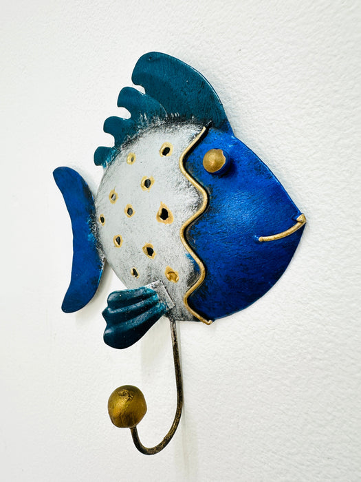 Side view of handmade blue fin fish wall hook.