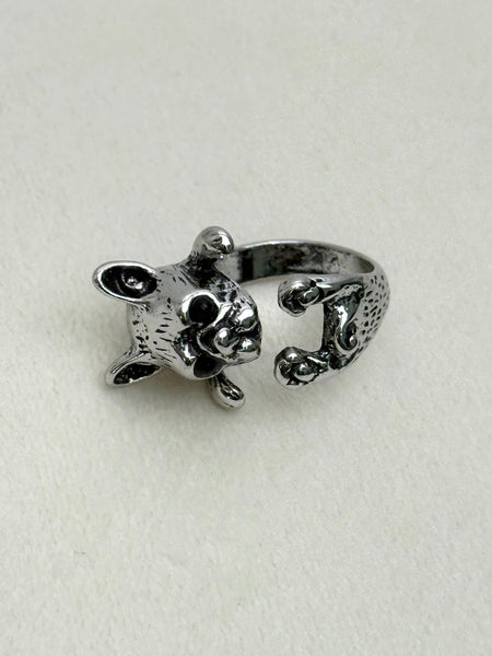silver tone French bulldog open ring with cute puppy design on a white background