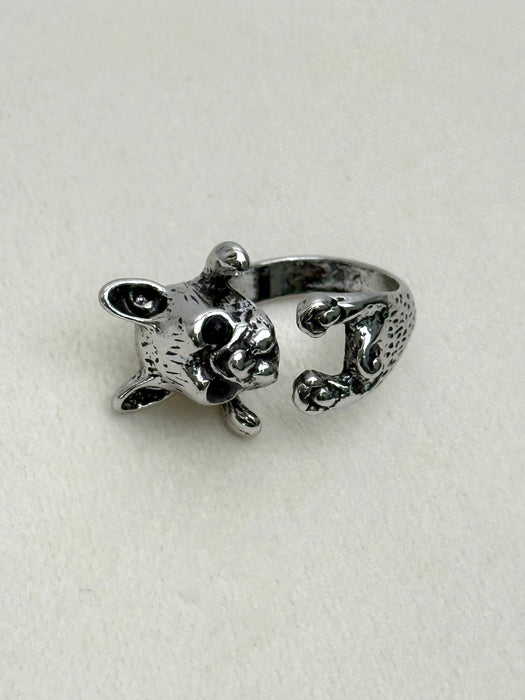 silver tone French bulldog open ring with cute puppy design on a white background