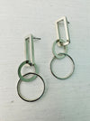 geometric silver drop earrings with rectangular and circular linked shapes
