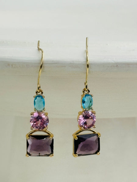 Elegant gold drop earrings with faceted purple, pink and blue crystals.