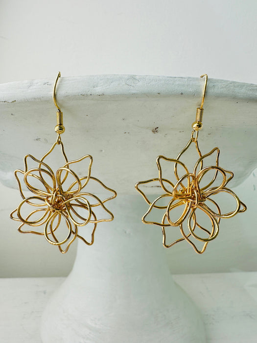 front of gold flower wire dangle earrings