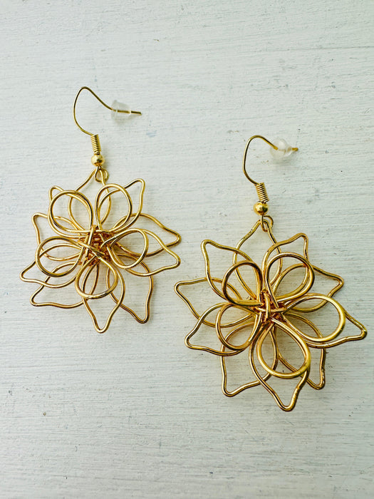 simple gold flower wire dangle earrings