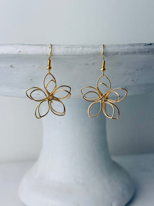 front of gold flower-shaped earrings