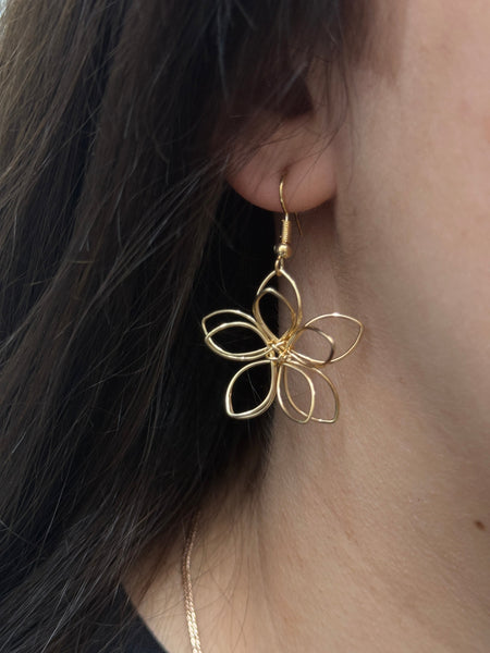 Gold flower-shaped earring displayed on a model