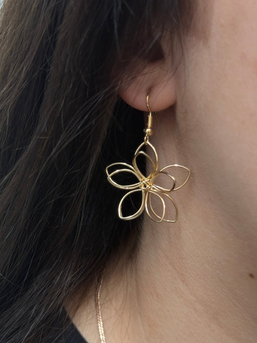 Gold flower-shaped earring displayed on a model