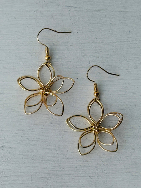 Gold flower-shaped earrings on a white background