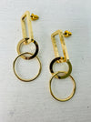 front view of gold geometric rectangle circle drop earrings 