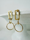 front view of gold geometric rectangle circle drop earrings 