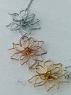detail of three wire flower pendants in gold, rose gold, and silver on a light gray background.