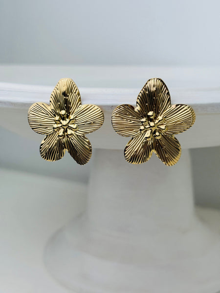 front view of gold-tone floral earrings 