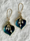 pair of green enamel calla lily drop earrings with pearl detail