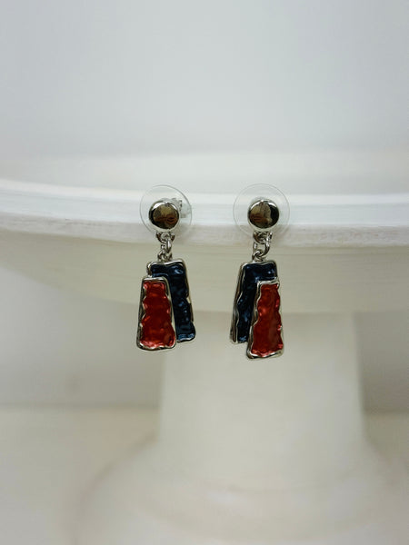 Gunmetal and bronze rectangular enamel drop earrings with a silver-tone outline, displayed on a white background.