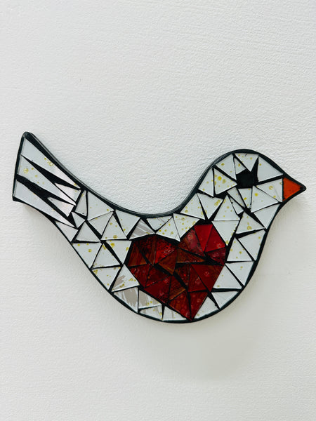 Mosaic glass bird with red heart wall art