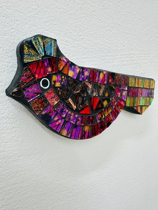 side angle view of mosaic bird wall art on mdf base