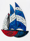 Mosaic sailboat wall art with blue, white, and red colors on MDF base