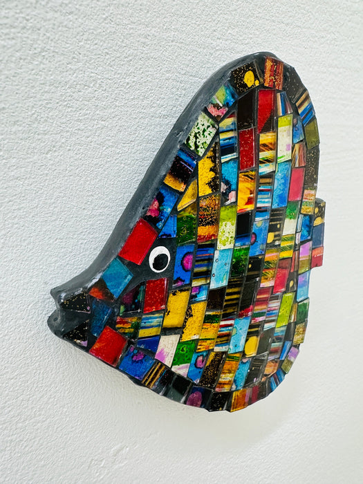 side angle of mosaic glass fish wall art