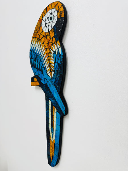 side angle of mosaic glass parrot on mdf base