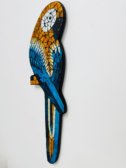 side angle of mosaic glass parrot on mdf base