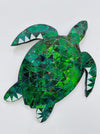 Handmade and hand painted mosaic glass turtle in shades of green on mdf base