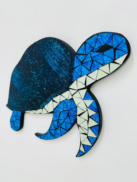 side angle of glass mosaic turtle wall art on mdf base