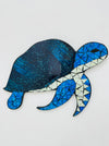 Handmade and hand painted mosaic glass turtle in shades of blue and turquoise on mdf base