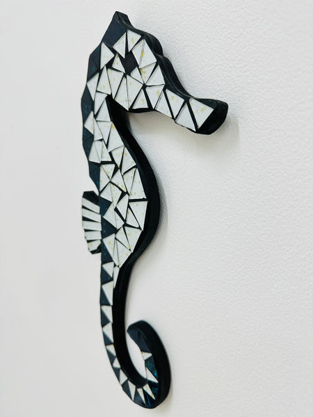 side angle of glass mosaic seahorse wall art on mdf base