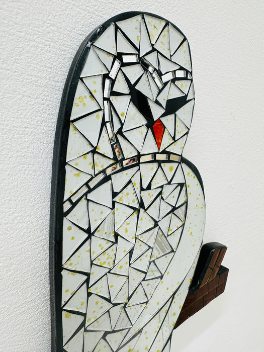 angled view of owl mosaic wall art 