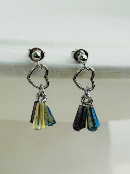 Silver heart dangle earrings with multicolour acrylic drop charms