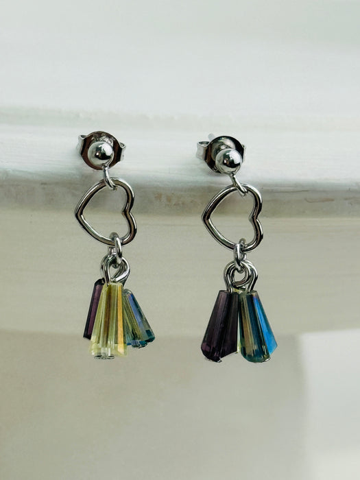 Silver heart dangle earrings with multicolour acrylic drop charms