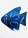 front view of single metal fish in blue
