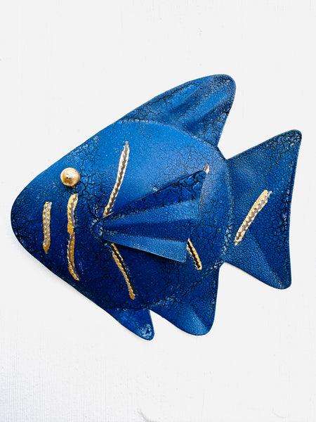 front view of single metal fish in blue