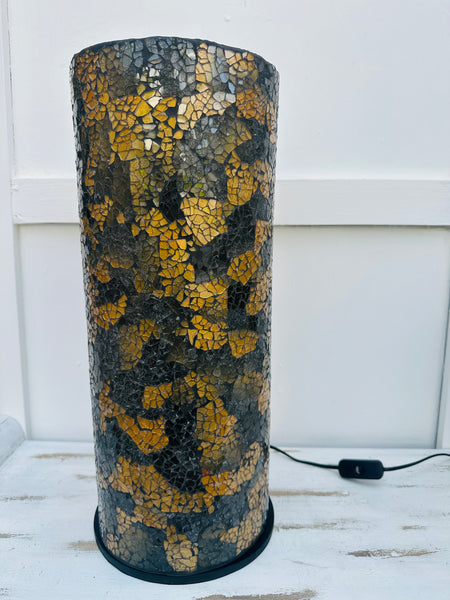 front view of glass mosaic cylinder lamp with light off 