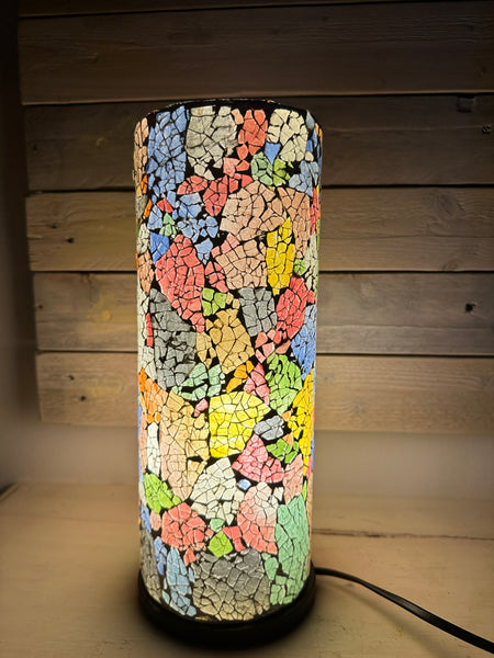 front view of mosaic cylinder lamp with light on