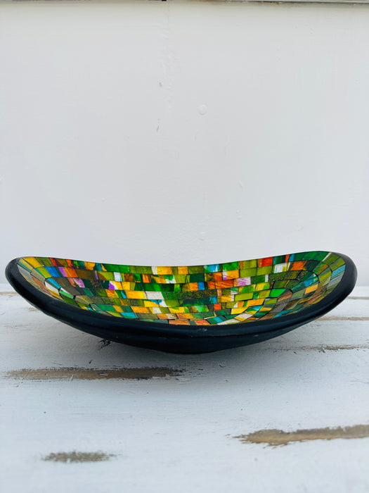 side view of mosaic oval bowl in green