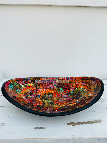 front view of mosaic oval bowl on white surface