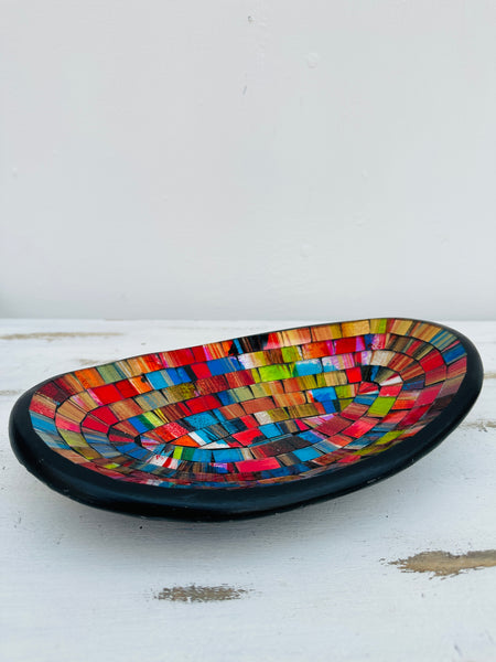 front view of mosaic oval bowl on white background