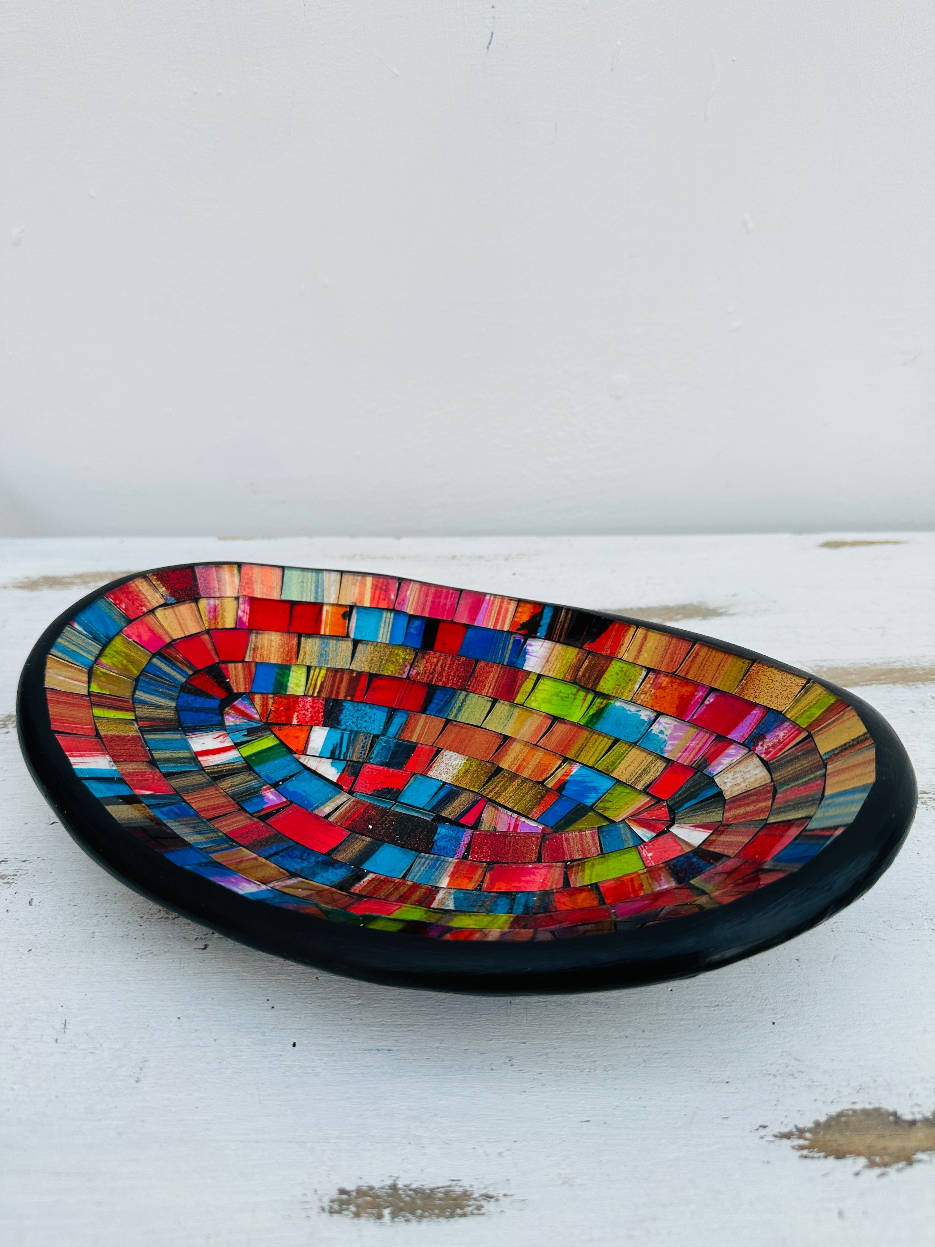 front view of mosaic oval bowl on white background