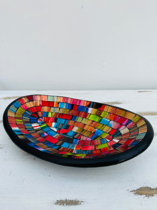 front view of mosaic oval bowl on white background